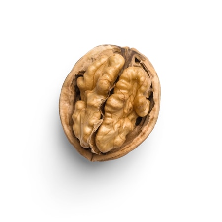A walnut is in its shell, displaying the intricate and textured surface of the nut. The shell is partially open, revealing the wrinkled, brain-like structure of the walnut meat inside.