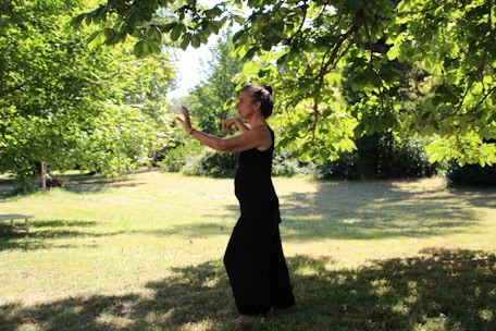 A person in a black outfit appears to be practicing tai chi or a similar movement in a lush, green park. The setting is serene, with sunlight filtering through the leaves of overhanging tree branches, casting dappled shadows on the grass.