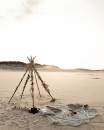 Romantic beach picnic setup at sunset with soft lighting and elegant decor.
