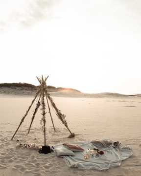 A cozy setup on a sandy beach with a rustic teepee structure made of branches, decorated with flowers. A blanket is spread out with cushions, a bottle of wine, wine glasses, and some fruit. The background features dunes and a soft, warm sunset.