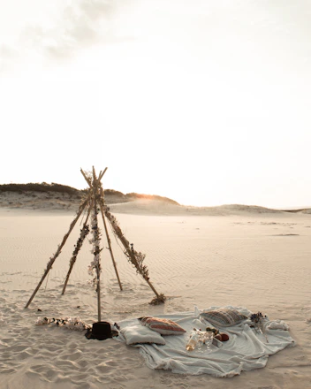 Romantic beach picnic setup at sunset with soft lighting and elegant decor.