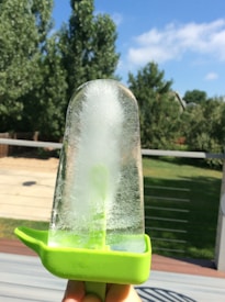 A clear ice pop with visible ice crystals is held in a hand against a backdrop of a sunny garden. The handle and base of the ice pop are bright green. The background features green trees and a partly cloudy blue sky.