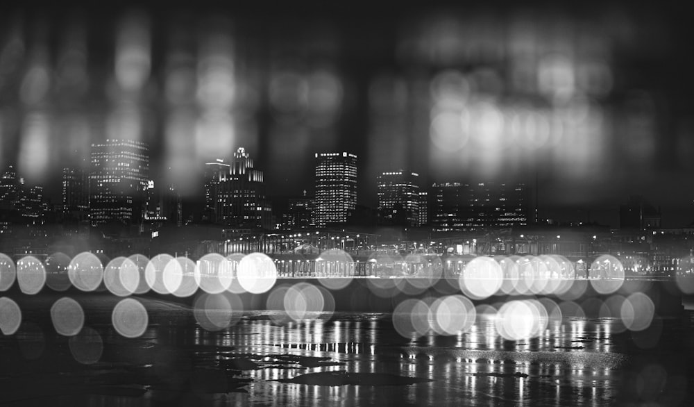 grayscale photo of city lights