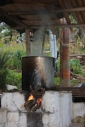 A large metal pot sits on a brick stove with a wood fire burning underneath. Smoke rises from the pot, indicating something is being cooked. The setup is outdoors under a simple wooden shelter, surrounded by greenery and some rural vegetation.