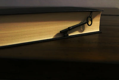 Cover of a cozy mystery book with a shadowy figure and a vintage key on a dark background.