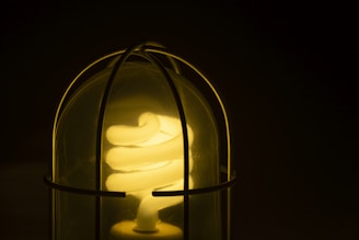 A spiral fluorescent light bulb is encased within a protective wire guard, emitting a soft yellow glow against a dark background. The light is partially visible through the wire, emphasizing the warm illumination.