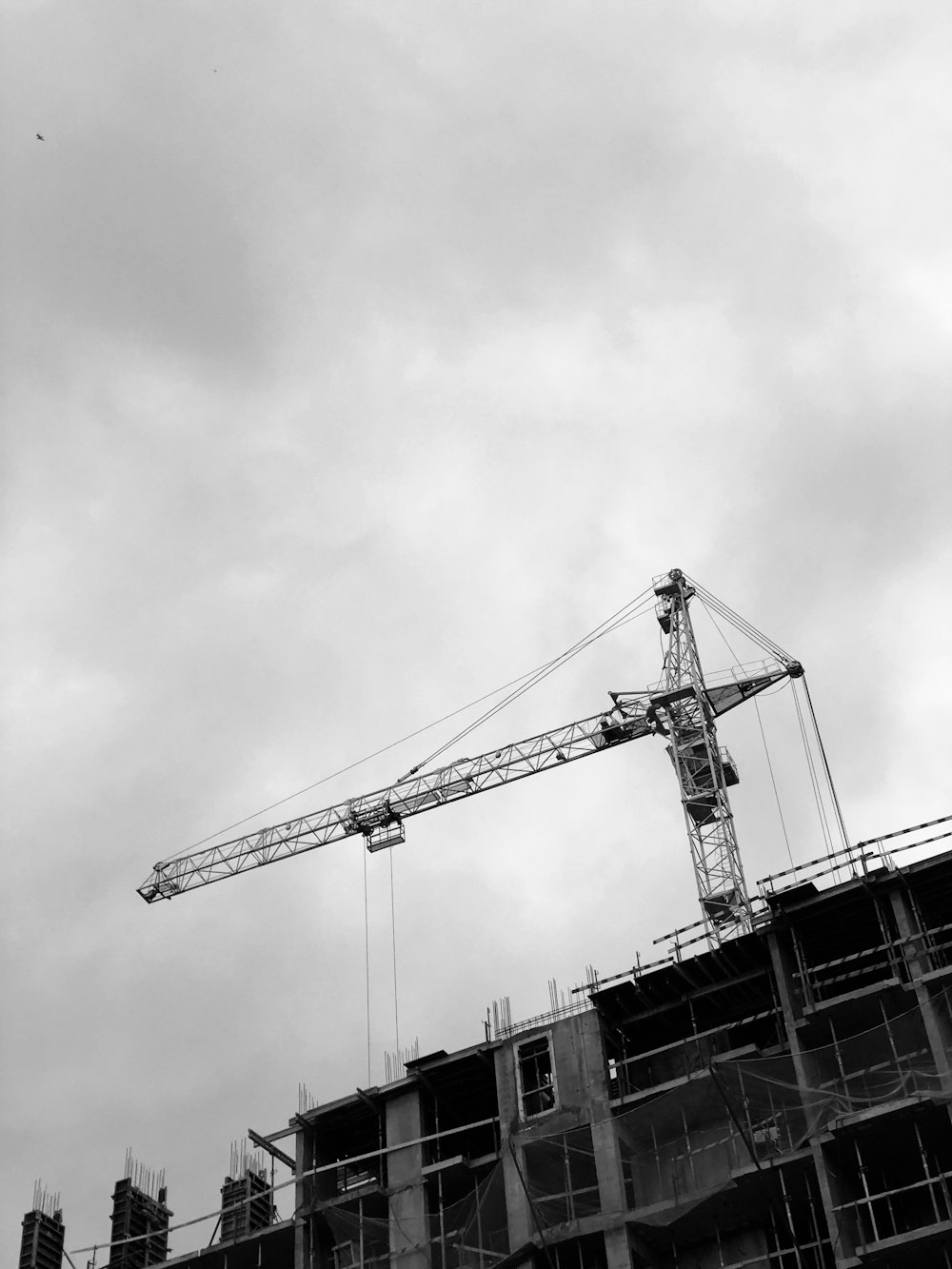 grayscale photo of crane under cloudy sky