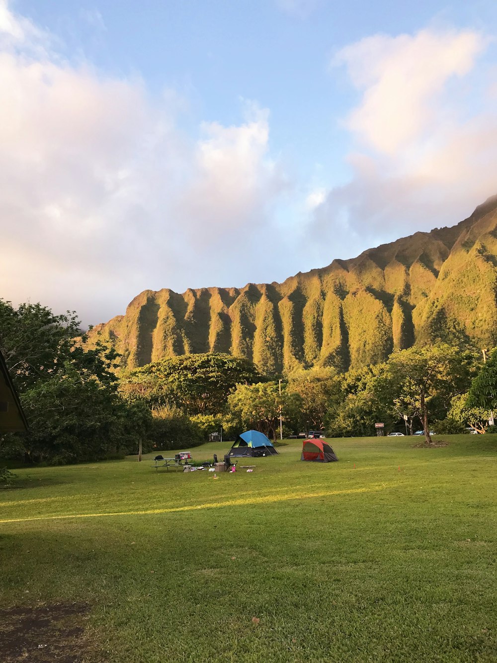 a grassy field with tents and mountains in the background