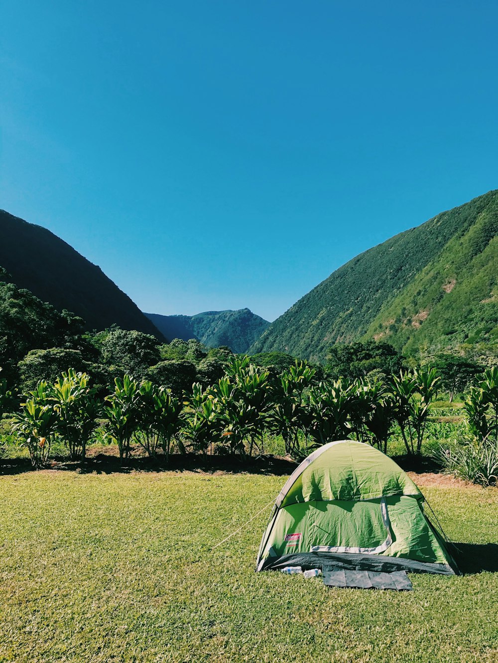 green tent on green grass field near green mountains under blue sky during daytime