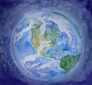 A watercolor painting of Earth viewed from space, showcasing the continents with delicate brushstrokes in shades of green, blue, and white. The planet is surrounded by a soft, dark blue and purple background that resembles space.