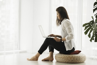 A person sits comfortably on a cushion, using a laptop. The room is bright with natural light from large windows. A large green plant is in the background, adding a touch of nature to the otherwise minimalistic setting. The person, dressed casually in a white shirt and black pants, is focused on their work.