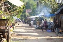 A village street lined with makeshift shops and stalls, with people engaging in daily activities. Some individuals are seen walking, while others appear to be selling or buying goods. The environment is rustic, with natural elements such as trees and greenery framing the scene. Smoke can be seen rising from one of the stalls, suggesting cooking or heating activities.