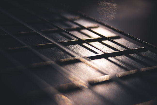 Close-up of a guitar fretboard with glowing frets in dim light.