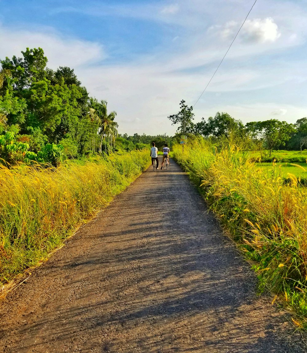 person in black jacket walking on gray pathway between green grass field during daytime