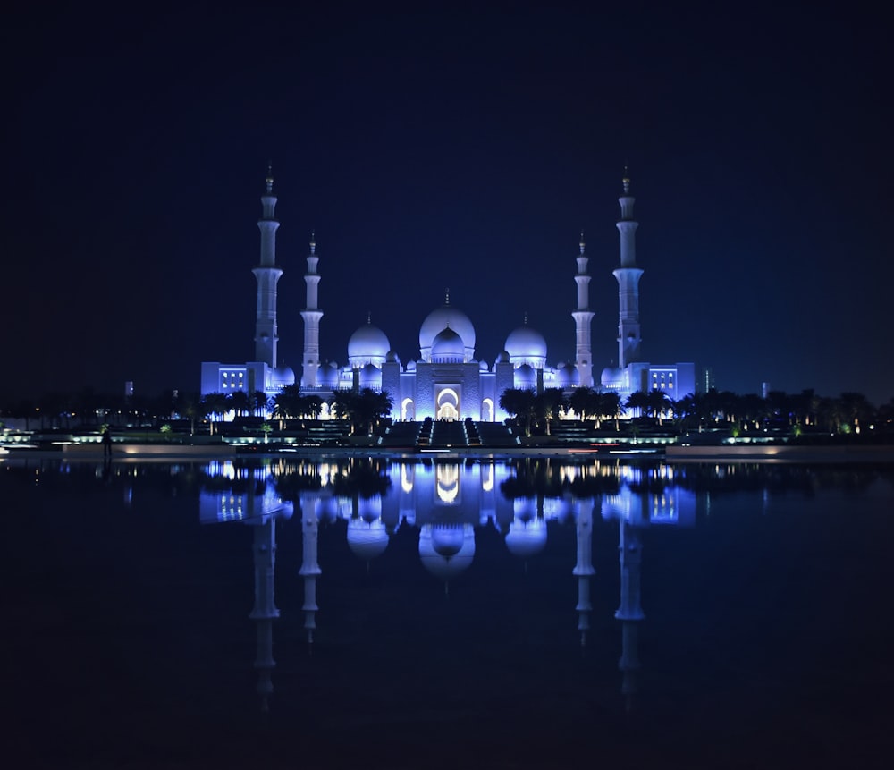 city skyline during night time