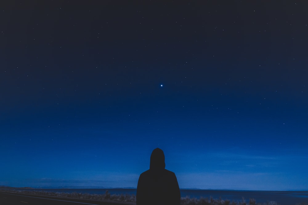 silhouette of person standing on seashore during night time