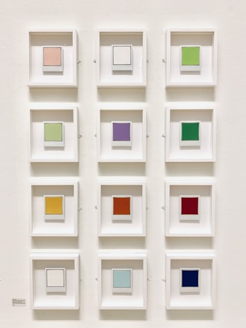 A grid of twelve small framed squares, each containing a single colored square. The frames are uniformly white, arranged in three columns and four rows on a plain wall. Each square is a distinct color, ranging from pastel and neutral tones to bold and vibrant hues.