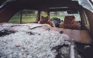 The interior of a car is shown with shattered glass scattered across the backseat and rear deck. Two car seats are covered with an orange and black patterned fabric resembling tiger stripes. The windows have been smashed, and through the windshield view, a grassy area with some trees is visible.