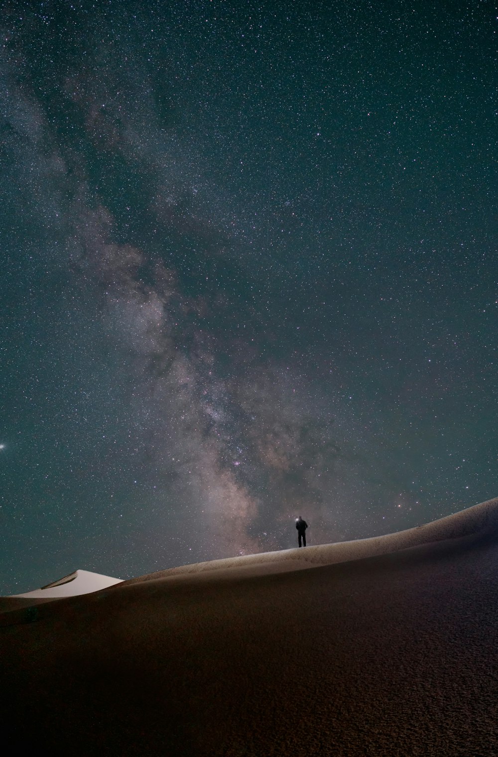 silhouette of person standing on roof under starry night