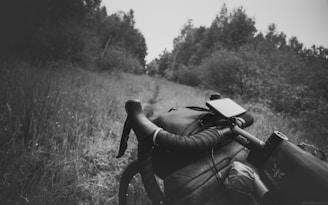 A bicycle handlebar with mounted gear and a navigation device is set against a backdrop of a narrow, overgrown trail bordered by dense foliage. The image is in grayscale, giving it a timeless and adventurous feel.