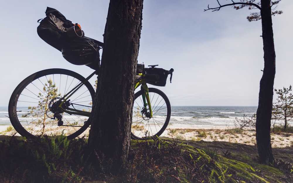 낮 동안 바다 근처의 갈색 나무 줄기에 기대어 있는 검은 자전거