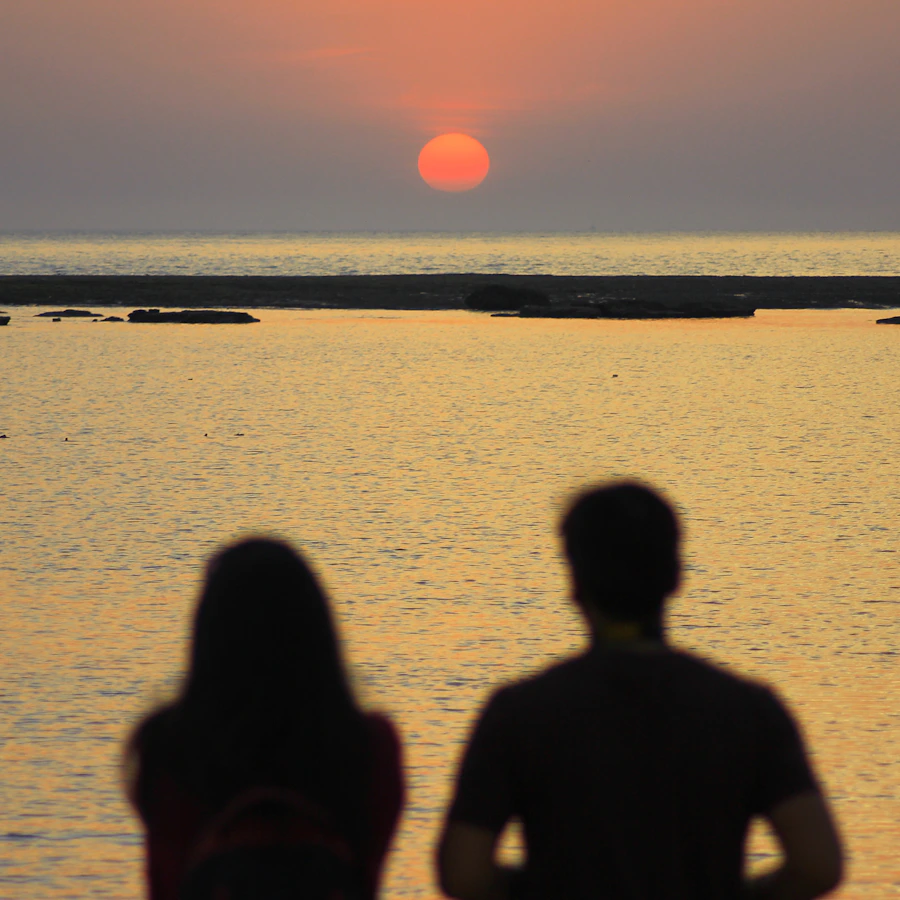 Couple silhouetted beside the sea at sunset