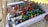 A large plastic container filled with various bottled and canned drinks submerged in water. The bottles and cans have colorful caps and labels, predominantly in red, blue, and green. The container is set on a gravel surface, partially shaded by a yellow corrugated cover.