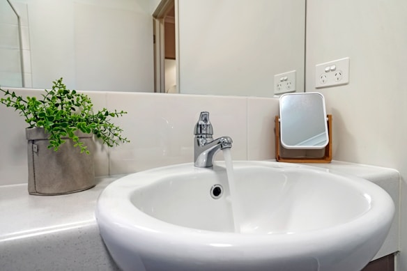 A clean and modern bathroom sink with a chrome faucet is running water. To the side, a small indoor plant in a beige fabric container adds a touch of greenery. A compact rectangular mirror with a wooden frame rests on the counter next to electrical outlets.