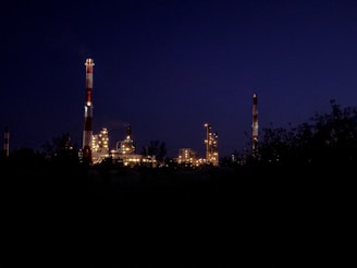 An industrial facility is illuminated against the night sky, with tall chimneys and structures lit up, casting a warm glow. Dark silhouettes of plants and trees are visible in the foreground.