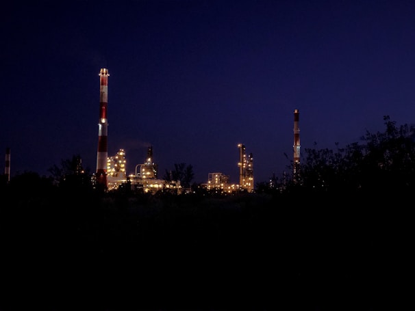 An industrial facility is illuminated against the night sky, with tall chimneys and structures lit up, casting a warm glow. Dark silhouettes of plants and trees are visible in the foreground.