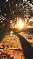Close-up of a bike wheel spinning fast on a dirt path