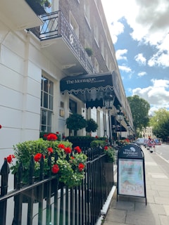 A street view captures the facade of a building with white walls and black iron railings, adorned with vibrant red flowers and green foliage. The awning displaying 'The Montague' adds a classic touch, while a poster stand on the sidewalk introduces a welcoming presence. Clear blue skies with scattered clouds overhead frame the scene, and a tree-lined street extends into the distance.