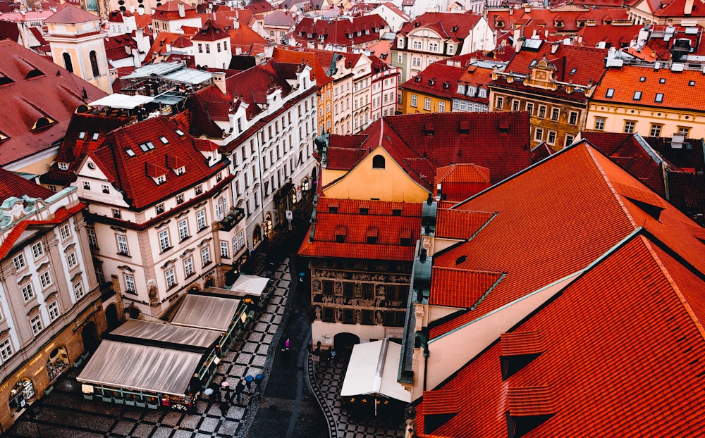 red and white concrete buildings