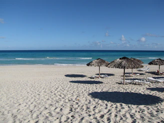 A serene beach scene with colorful umbrellas and gentle waves under a clear blue sky