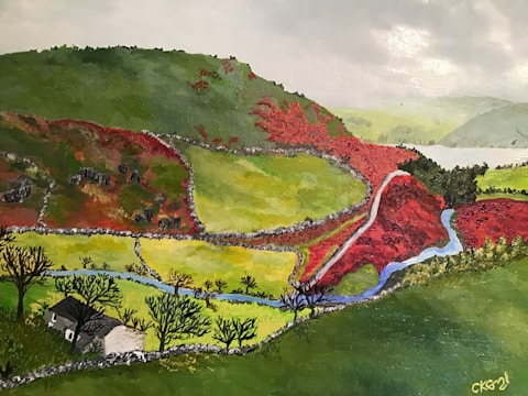 A vibrant landscape painting depicts rolling hills with patches of red and green vegetation separated by winding stone walls. A small stream meanders through the valley, with leafless trees scattered across the terrain. In the foreground, a small farmhouse is nestled among the greenery. The sky is overcast, casting a subdued light over the scene.