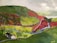 A vibrant landscape painting depicts rolling hills with patches of red and green vegetation separated by winding stone walls. A small stream meanders through the valley, with leafless trees scattered across the terrain. In the foreground, a small farmhouse is nestled among the greenery. The sky is overcast, casting a subdued light over the scene.