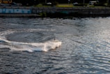 A person on a jet ski creates a large spray as they maneuver on a wide body of water. The water is slightly rippled with reflections of the sky and surrounding environment. In the background, there is a long wall with graffiti, a grassy area, and a few parked vehicles.