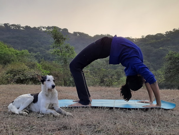 A person performs a yoga backbend on a blue mat outdoors, with a black and white dog sitting calmly nearby. The setting is a grassy area surrounded by lush green hills and trees under a calm sky.