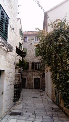 Ancient cobblestone alleyway lined with flowering balconies