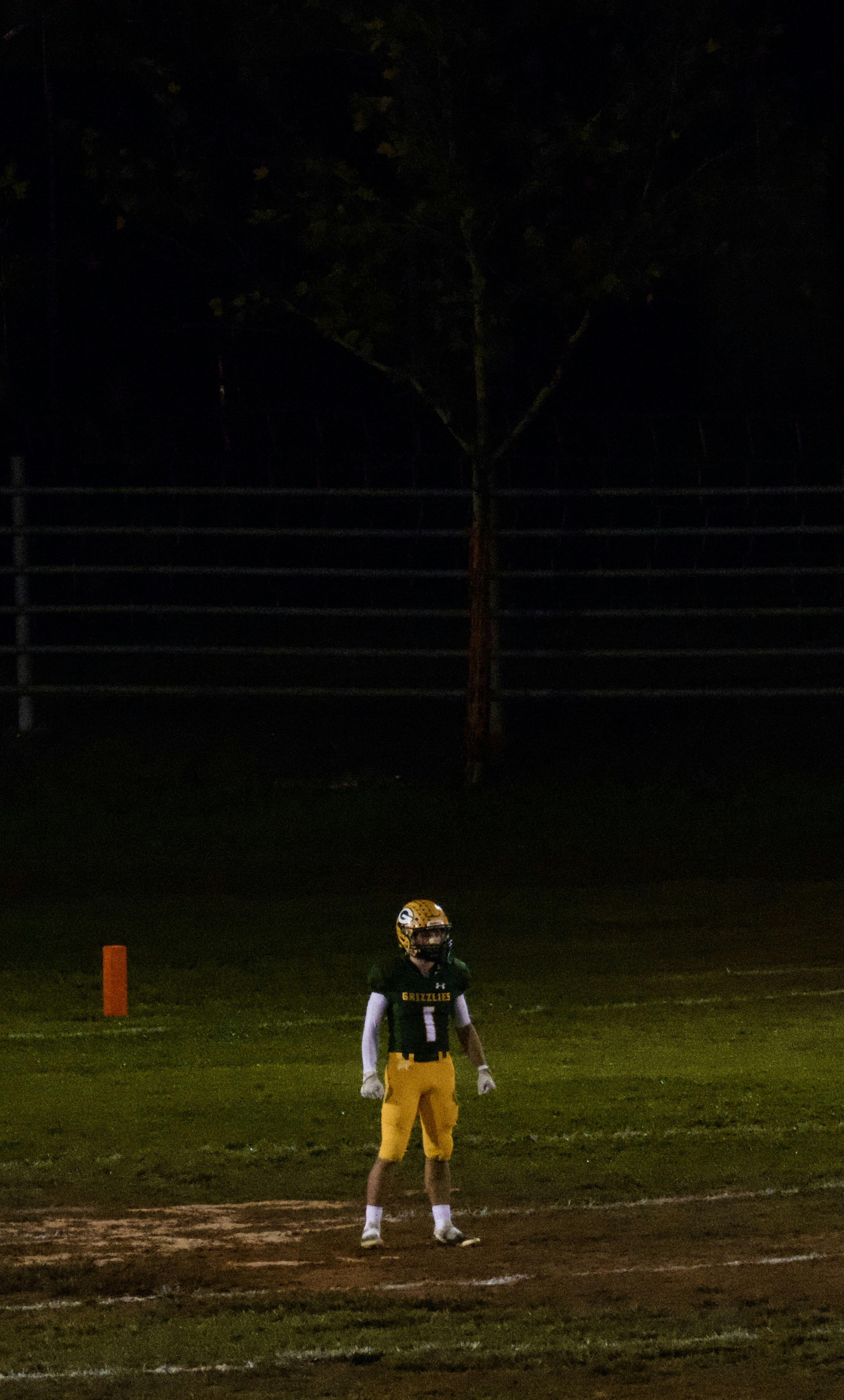 A football player in a green and yellow uniform on a dark field