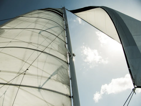 Close-up of sailboats racing on a sunny day