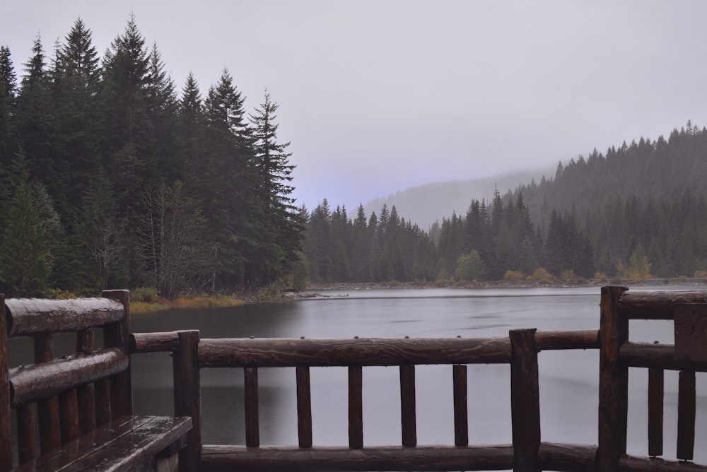 brown wooden bench near body of water