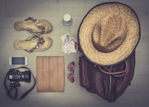 travel items flat lay photography