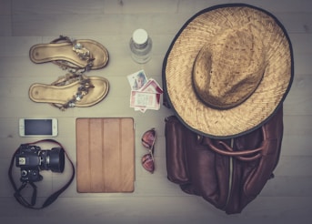 travel items flat lay photography