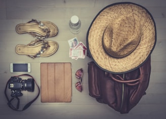 travel items flat lay photography
