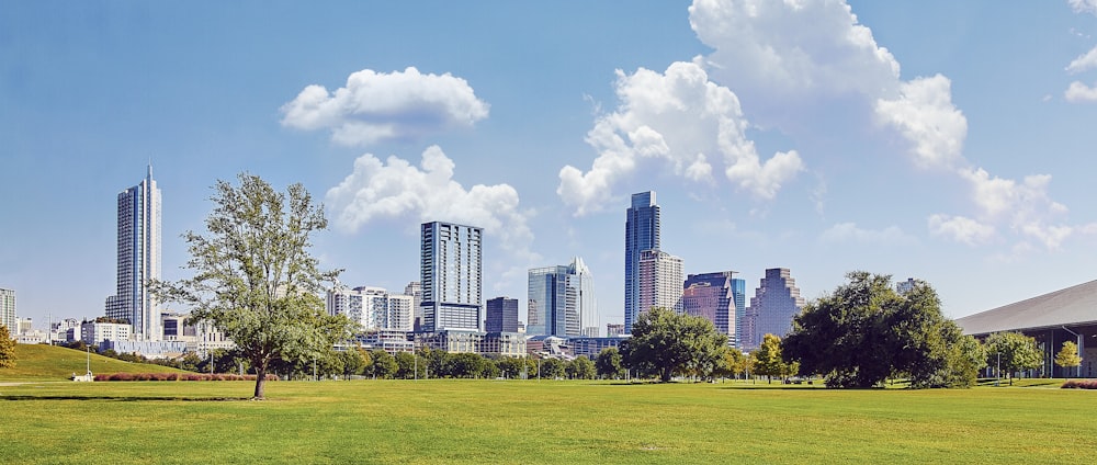 green grass field in front of high-rise buildings during daytime