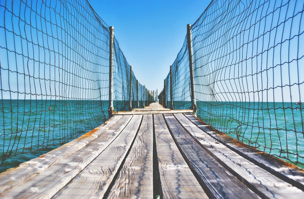 brown wooden bridge with net over body of water