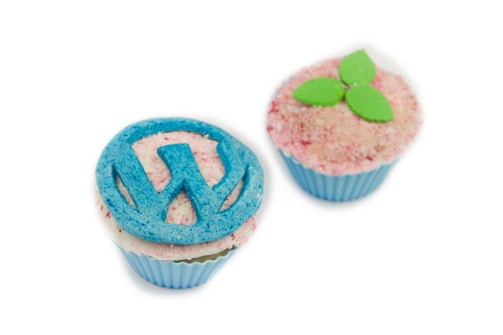 Two cupcakes are displayed with pastel-colored icing. One cupcake features a blue frosting with a raised design resembling a letter, while the other is topped with pink coconut shavings and decorated with small green leaves.