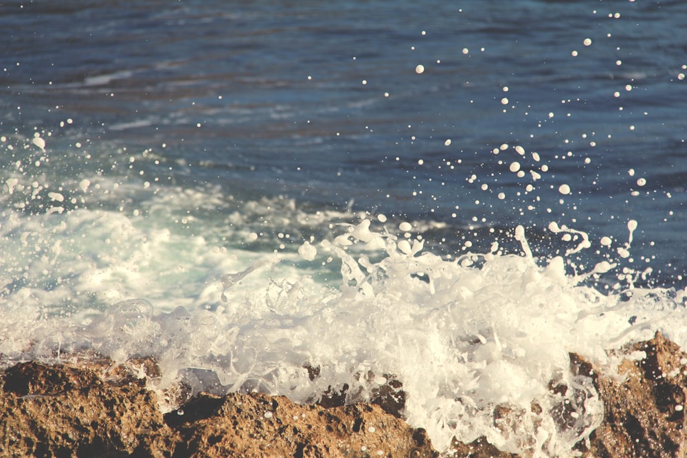 photo of sea wave bump into boulder