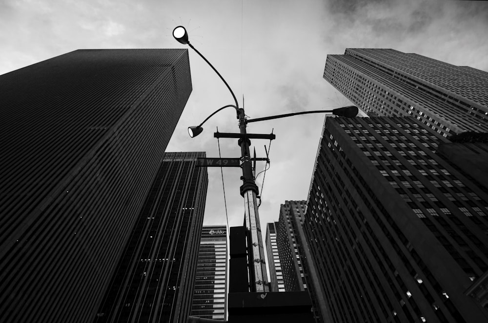 grayscale photo of concrete buildings